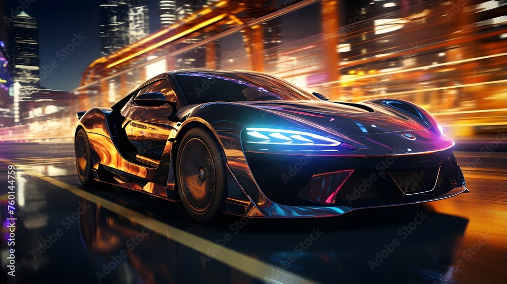 Futuristic Sports Car On Neon Highway. Powerful acceleration of a supercar with colorful lights trails