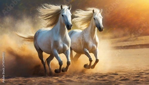 Two white horse with long mane run in sandy dust © Turan