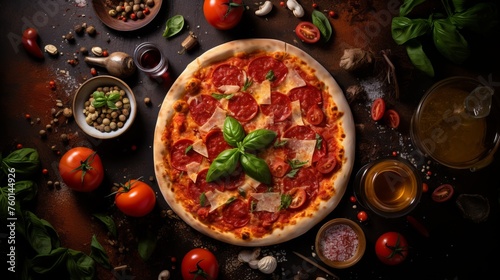 An enticing image of a freshly baked pepperoni pizza adorned with basil leaves and surrounded by ingredients