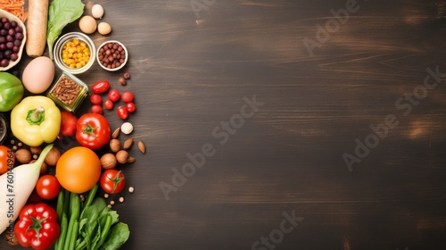 An assortment of fresh vegetables, eggs, and grains on a dark wood tabletop, ideal for healthy cooking