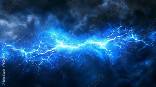 A powerful display of electric lightning storm with bright blue bolts surrounded by menacing dark clouds