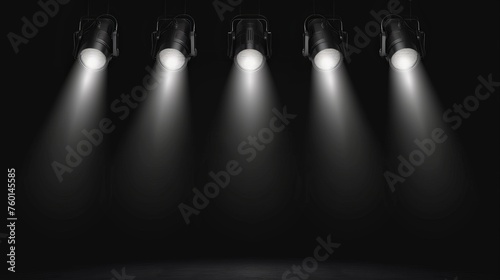 This image captures a row of stage lights beaming down onto a dark, empty stage setting an atmospheric scene photo