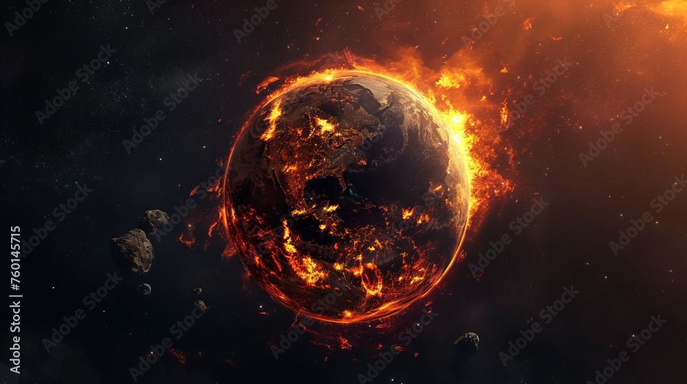 A dramatic representation of planet Earth enveloped in towering flames signifying imminent apocalypse or global catastrophe A dramatic representation of planet Earth enveloped in towering flames signifying imminent apocalypse or global catastrophe