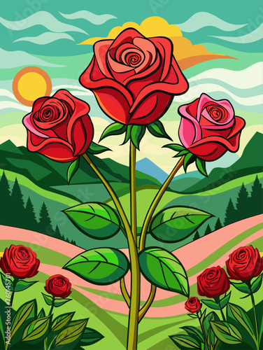 Roses adorn a picturesque landscape, adding a vibrant touch to the idyllic scene.