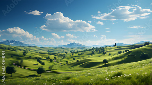 Summer fields, hills landscape, green grass, blue sky with clouds, flat style cartoon painting illustration