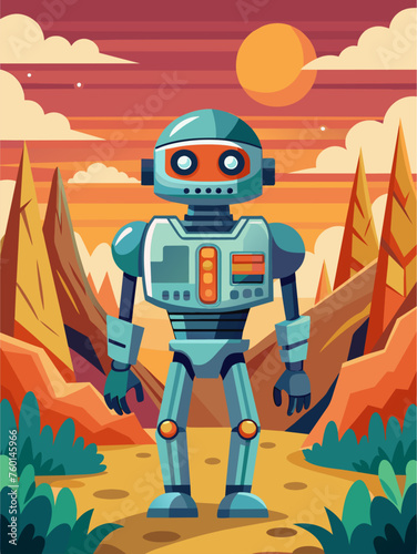 A robotic figure stands in a desolate landscape, surrounded by mountains and a distant city.