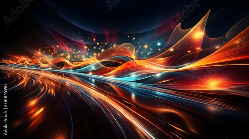 Colorful light trails with motion effect. Illustration of high speed light effect on black background