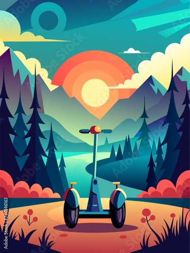 A futuristic segway glides through a serene landscape, leaving a trail of digital energy in its wake.
