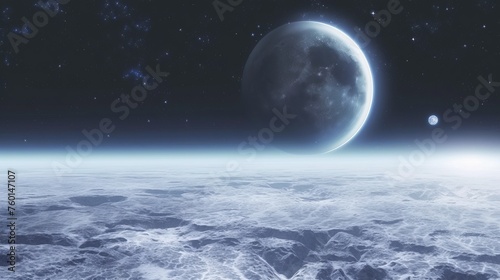 A mesmerizing night sky with two moons above a vast expanse of icy landscape renders a surreal and extraterrestrial atmosphere