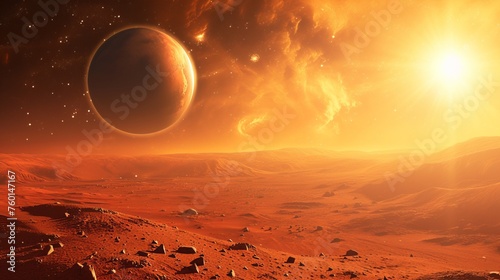 Breath-taking render of a Mars-like terrain under a vivid sky with an extra-terrestrial planet visible