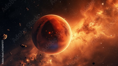 An intense space scene depicting a planet engulfed in flames and surrounded by asteroids