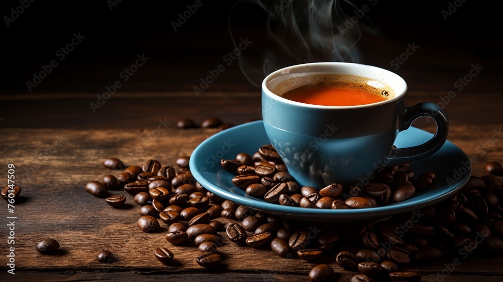 A steaming cup of aromatic coffee sits beside coffee beans on a blue saucer A steaming cup of aromatic coffee sits beside coffee beans on a blue saucer