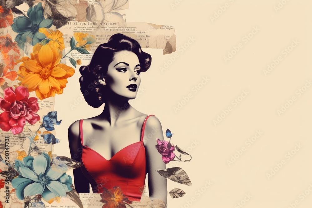 retro old paper collage with a beautiful charming girl on a plain background