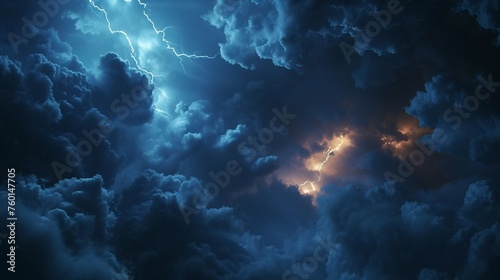 This powerful image showcases a spectacular nighttime lightning storm, with vivid lightning bolts piercing through the dense cloud cover