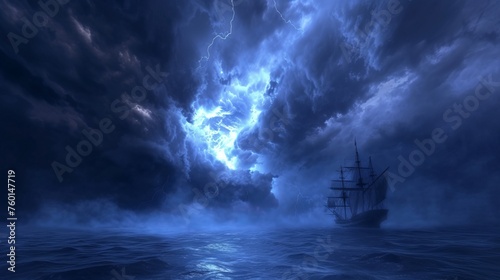 This captivating scene depicts a lone ship at sea witnessing the magnificent but terrifying spectacle of a nearby lightning strike photo