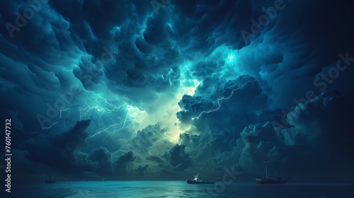 A dramatic scene showing a stormy sea at night under a threatening sky with lightning bolts, highlighting the power of nature photo