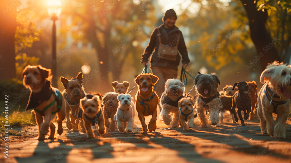 A photograph capturing a dog walker in action, skillfully managing a diverse pack of energetic dogs along a tree-lined pathway in a scenic park. With a sense of responsibility and expertise, the walke - obrazy, fototapety, plakaty 