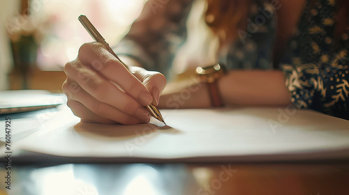 Close up of businesswoman's hands writing something with pen on her notebook. Woman writing in her notebook. © Tanuha