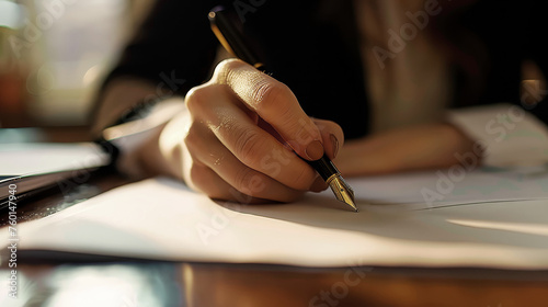 Close up of businesswoman's hands writing something with pen on her notebook. Woman writing in her notebook.