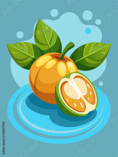 A fresh sapote fruit floats in crystal-clear water, highlighting its smooth skin and vibrant orange flesh.