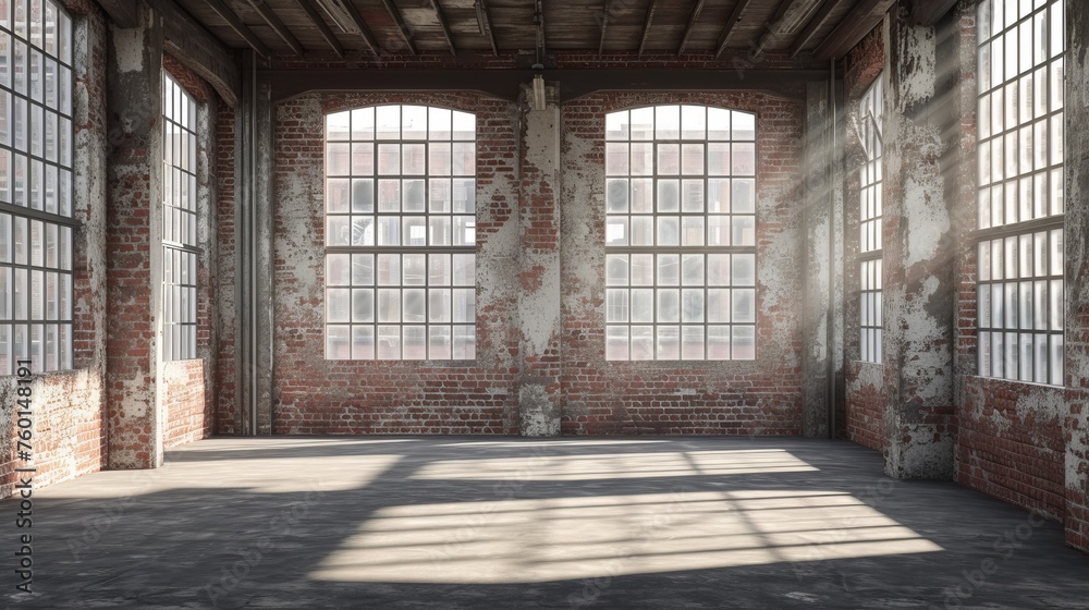 Empty industrial loft with natural light, large windows and a distressed brick wall for a rustic feel Empty industrial loft with natural light, large windows and a distressed brick wall for a rustic feel