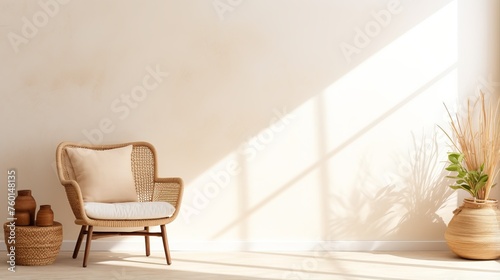 A light-filled room with a wicker armchair near a potted plant  basket  and pottery on a wooden floor