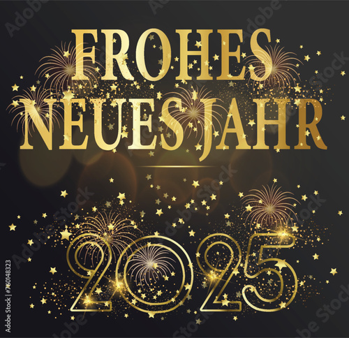 Karte oder Banner, um ein frohes neues Jahr 2025 in Gold auf einem schwarzen Hintergrund mit Farbverlauf, Sternen und goldenem Feuerwerk zu wünschen