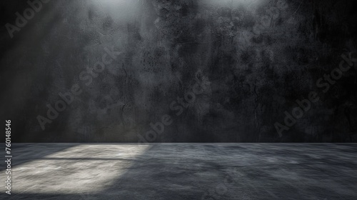 A moody, atmospheric shot of an empty space with dramatic lighting casting shadows on textured walls