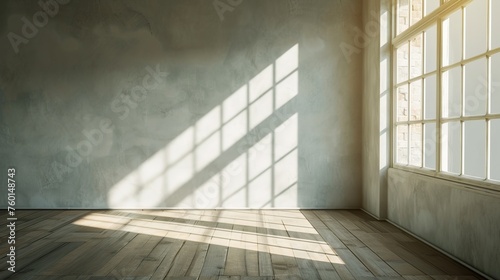 Gentle sunlight streams through a large window casting a sharp grid of shadows onto a plastered wall  suggesting warmth and comfort
