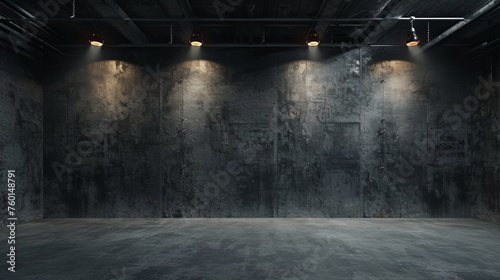 Spacious interior with industrial concrete walls lit by ceiling fixtures creating dramatic shadows