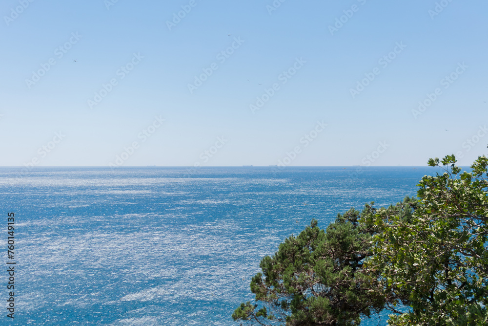 Landscape of the blue sea with a green high coast against the blue sky on a sunny day