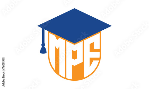 MPE initial letter academic logo design vector template. school college logo, university logo, graduation cap logo, institute logo, educational logo, library logo, teaching logo, book shop, varsity	
 photo