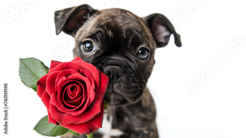 Valentine puppy cute dog with red rose hold in his mouth. Valentine concept. generative ai  © Malaika