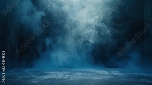 A chilling depiction of thick blue smoke creeping into a dark room evoking a sense of unknown