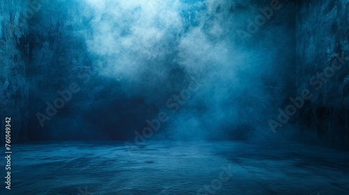 Serene blue fog filling a room, evokes calm and deep contemplation within a confined space