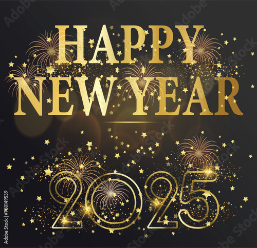 card or banner to wish a happy new year 2025 in gold on a black gradient background with stars and gold fireworks