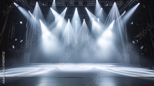 Obraz na płótnie A strong theatrical presence with bright white stage lighting shining down on an empty stage platform w salonie