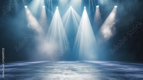 Ethereal light beams cut through atmospheric fog on stage, creating a mystical and captivating visual