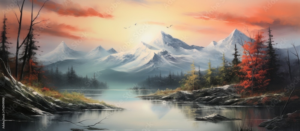 An art piece depicting a river winding through mountains and trees under a colorful sunset sky. The atmosphere is filled with clouds and the water reflects the natural landscape beautifully