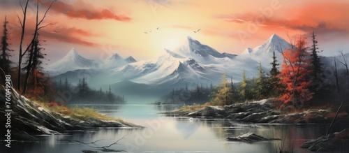 An art piece depicting a river winding through mountains and trees under a colorful sunset sky. The atmosphere is filled with clouds and the water reflects the natural landscape beautifully
