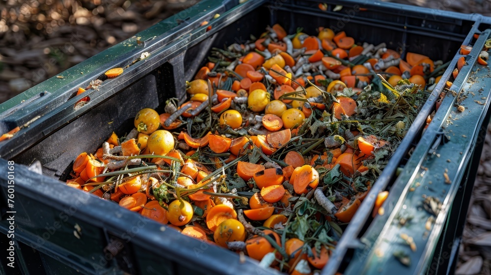 Organic waste recycling compost bin with food scraps and grass cuttings