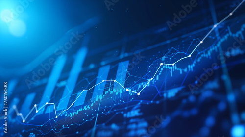 Abstract glowing big data forex candlestick chart on blurry city backdrop. Trade, technology, investment and analysis concept