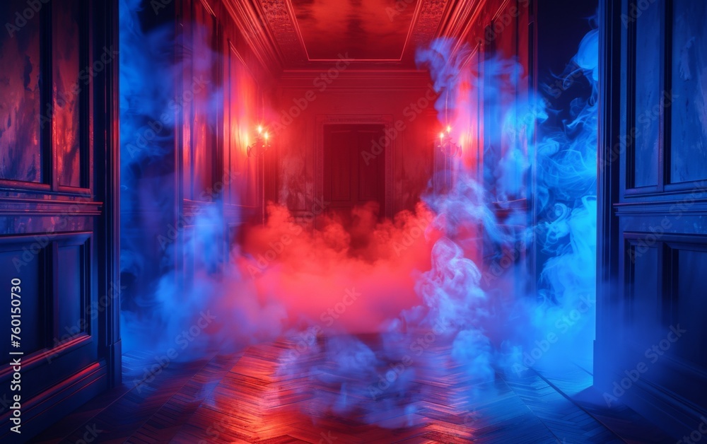 Surreal Photography of a hallway lined with 3D neon lights, dimly lit, fog Surreal Photography of a hallway lined with 3D neon lights, dimly lit, fog