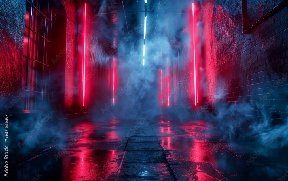 Surreal Photography of a hallway lined with 3D neon lights, dimly lit, fog