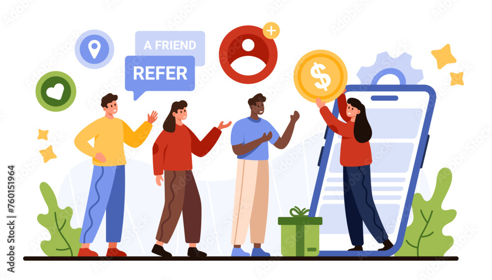 Loyalty program invite friend, bonus or cashback, discount offer. Tiny woman on mobile phone screen holding earnings coin to give rewards for group of referral people cartoon vector illustration