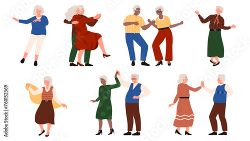 Happy elderly people dancing alone or in pairs set. Male and female aged dancers move in fun active or romantic dance to music, grandfather and grandmother at retro party cartoon vector illustration