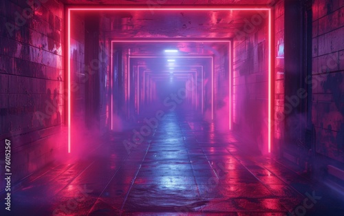 Surreal Photography of a hallway lined with 3D neon lights, dimly lit, fog