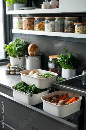 A kitchen arrangement featuring a food box atop refillable products  emphasizing easy composting methods and repairing items as a way to reduce environmental impact.