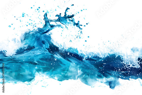 Indigo and turquoise watercolor wave splash on white background.