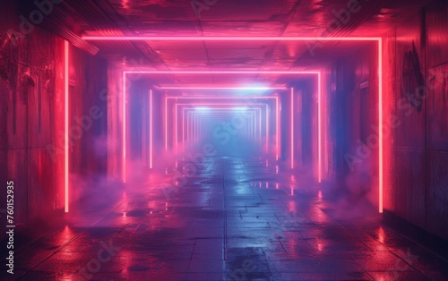 Surreal Photography of a hallway lined with 3D neon lights, dimly lit, fog